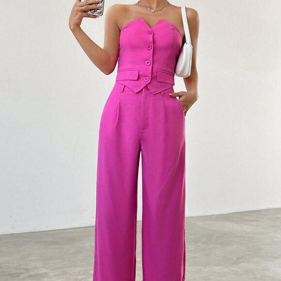 Hot Pink Casual Women's Strapless Button Up Top And Pants Set - Picture 3 of 6